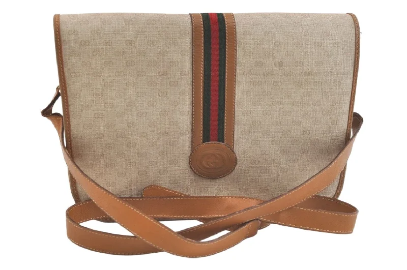 Women Gucci crossbody bags in a bold red colorAuthentic GUCCI Web Sherry Line Micro GG Shoulder Bag PVC Leather Beige 3483K