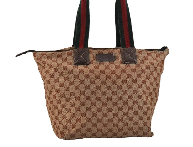 Women Gucci bags with a chain - link trim and a leather bodyAuthentic GUCCI Web Sherry Line Tote Bag GG Nylon Leather 131231 Brown 3561K