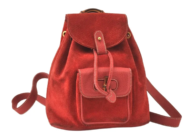 Gucci tote bags for women with a printed Gucci logoAuthentic GUCCI Vintage Bamboo Drawstring Backpack Suede Leather Red 4527K