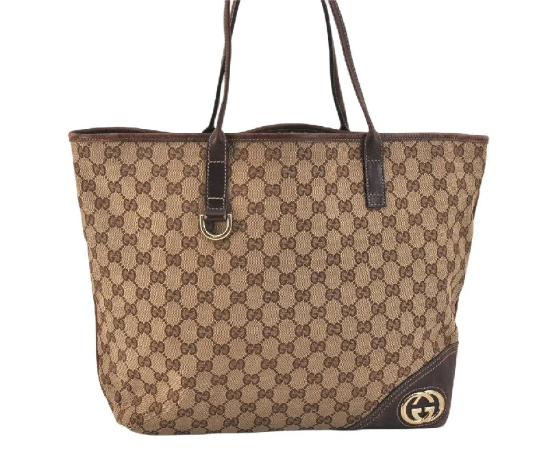 Gucci tote bags for women with a printed Gucci logoAuthentic GUCCI New Britt Shoulder Tote Bag GG Canvas Leather 169945 Brown 3594K