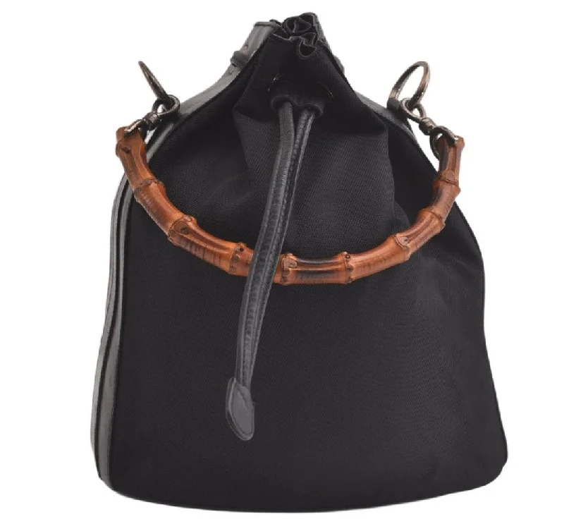 Women Gucci bags with a front - zip pocket for small itemsAuthentic GUCCI Vintage Bamboo Drawstring Bag Purse Nylon Leather Black 4603K