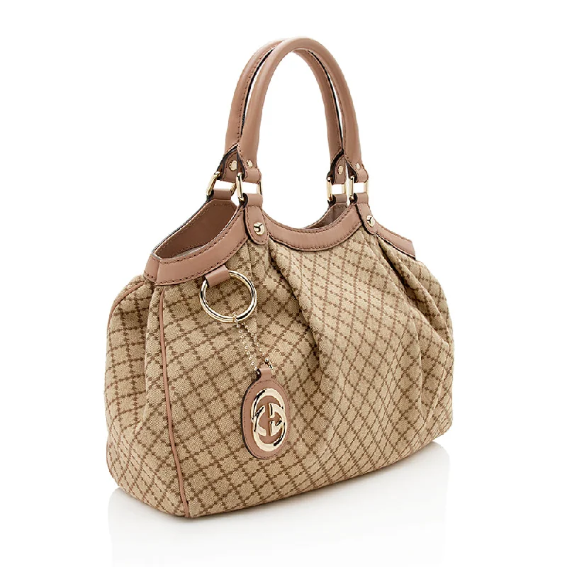 Women Gucci bags with a chain - link trim and a leather bodyGucci Diamante Canvas Sukey Medium Tote (12389)