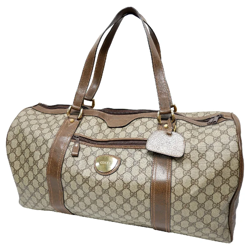 Gucci handbags for women with a back - zip pocketGUCCI Old Gucci Vintage Travel Bag Boston Unisex 1970's 70'S GG Pattern / Pigskin Gold Hardware Brown Beige