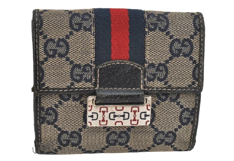 Gucci crossbody bags for women with adjustable leather strapsAuthentic GUCCI Sherry Line Bifold Wallet Canvas Leather 146207 Navy Blue 3541K