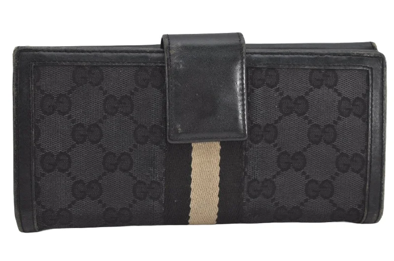 Gucci handbags for women with a back - zip pocketAuthentic GUCCI Sherry Line Long Wallet Purse GG Canvas Leather Black 3537K