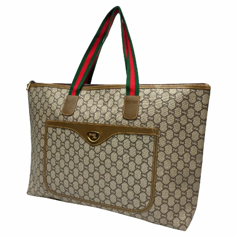 Gucci Marmont bags for women with gold - toned hardwareGUCCI Old GucciPLUS Plus Tote Bag Travel Boston Unisex 1970s 70'S GG Pattern Sherry Line/Pigskin Gold Hardware Brown/Beige