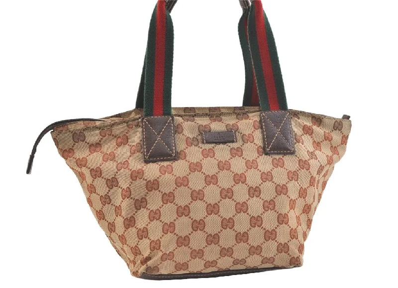 Gucci tote bags for women with a water - resistant coatingAuthentic GUCCI Web Sherry Line Hand Bag GG Canvas Leather 131228 Brown 3579K