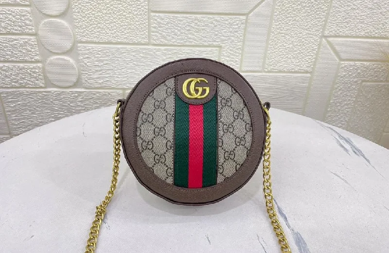 Women Gucci bags with a chain - link trim and a leather bodyGucci Round Ophidia(Crossbody Shoulder) Handbag