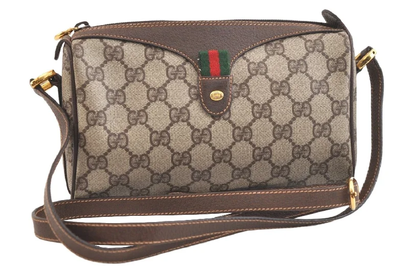 Women Gucci bags with a snap - button closure and a decorative charmAuthentic GUCCI Web Sherry Line Shoulder Cross Bag GG PVC Leather Brown 3478K