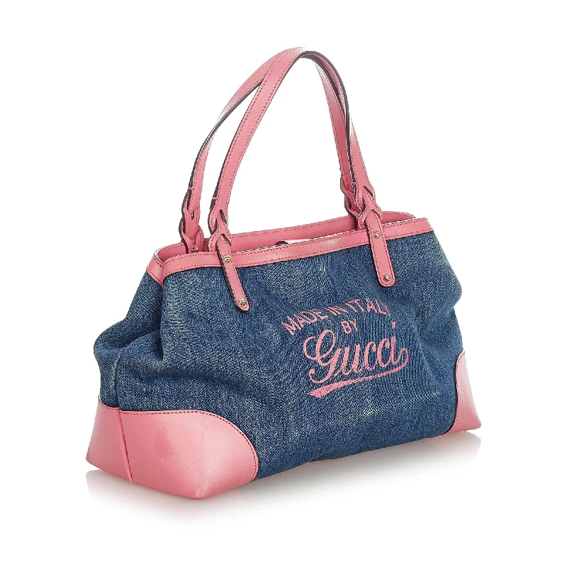 Gucci tote bags for women with a printed Gucci logoGucci Craft Denim Tote Bag (23024)