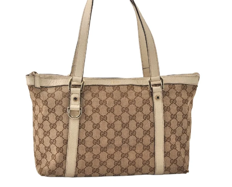 Ladies Gucci shoulder bags with a wide - width strapAuthentic GUCCI Abbey Shoulder Tote Bag GG Canvas Leather 141470 Brown 4668K