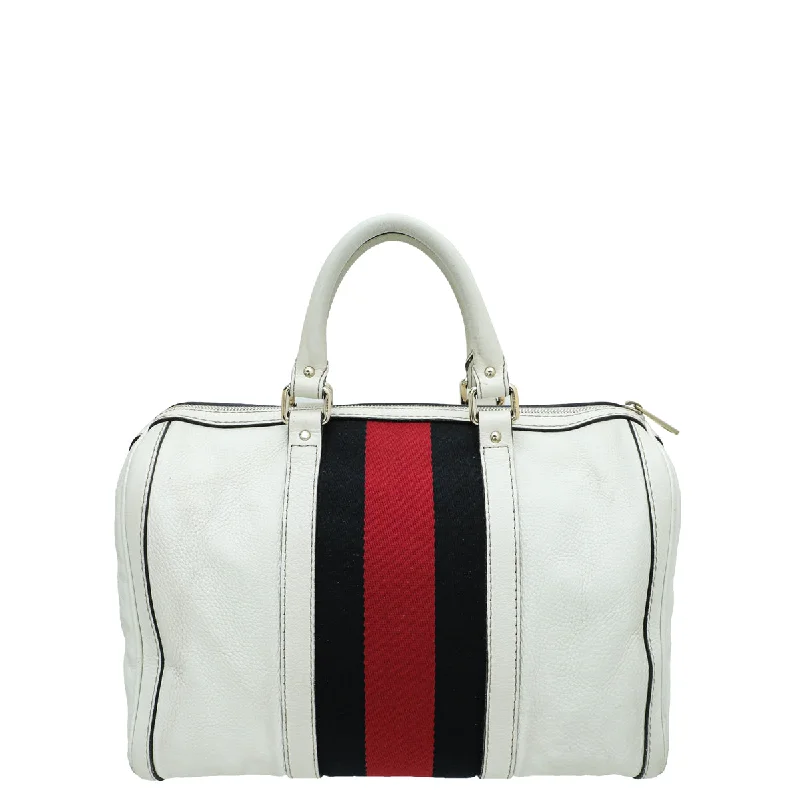 Women Gucci tote bags in GG Supreme canvas for a branded feelGucci Tricolor Vintage Web Joy Boston Bag