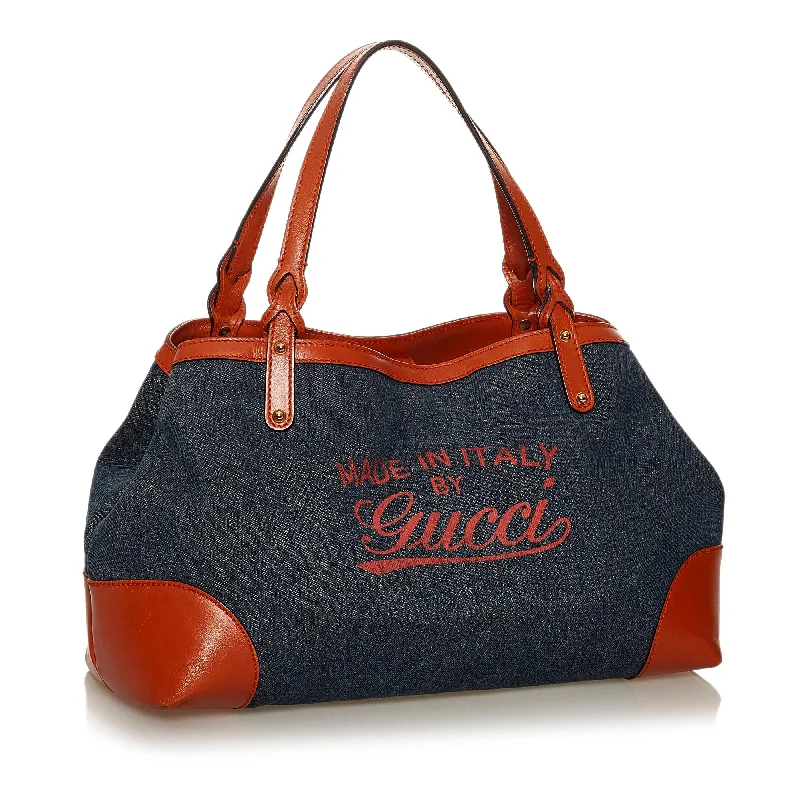 Women Gucci bags with a chain - link trim and a leather bodyGucci Craft Denim Tote Bag (29336)