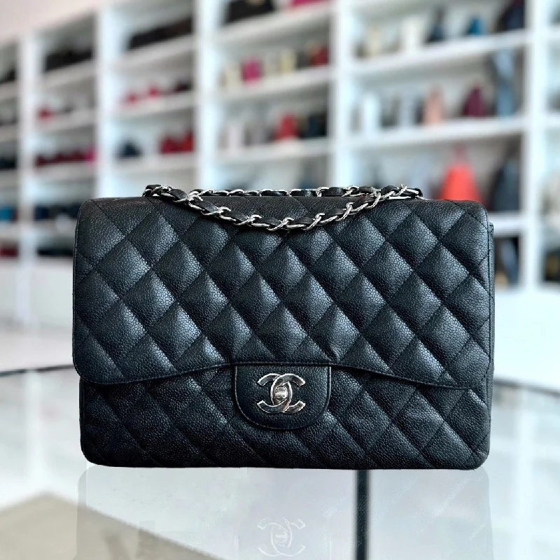 Chanel Luxury Handbag for High - End EventsCaviar Jumbo Classic Flap Quilted Grained Calfskin Black SHW No 12