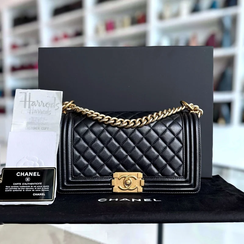 Chanel Chain Strap Handbag for Everyday Use*Full set, Receipt* Boy Old Medium 25CM Lambskin Quilted Lambskin Black GHW No 22