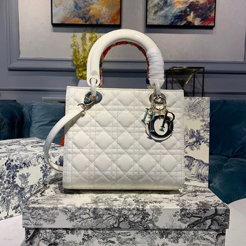 Christian Dior Saddle bags with a patent leather finish for a shiny lookChristian Dior MeChristian Diorum Lady Bag Gold Toned Hardware Patent White For Women 24cm/9in