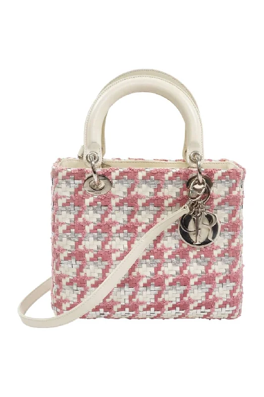 Christian Dior handbags with a back - pocket for quick storageCHRISTIAN DIOR Pink Woven Leather with Tweed Lady Dior Handbag