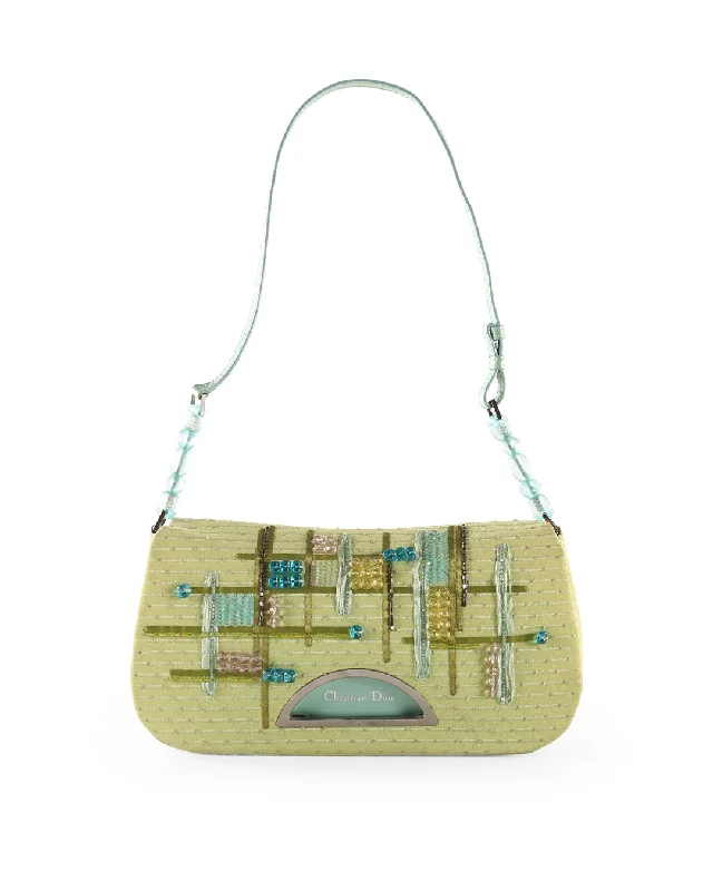 Contemporary Christian Dior handbags with a unique shapeCHRISTIAN DIOR Pistachio Canvas Shoulder Bag With Beads