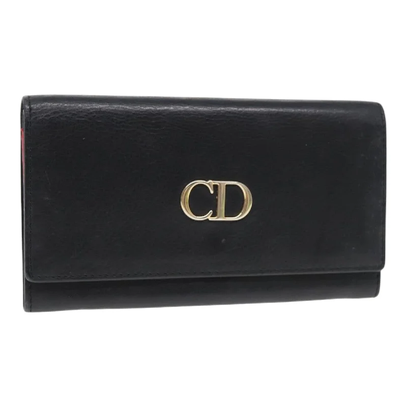 Christian Dior handbags with a detachable mirror for on - the - go touch - upsCHRISTIAN DIOR Long Wallet Leather Black Gold Auth bs17142